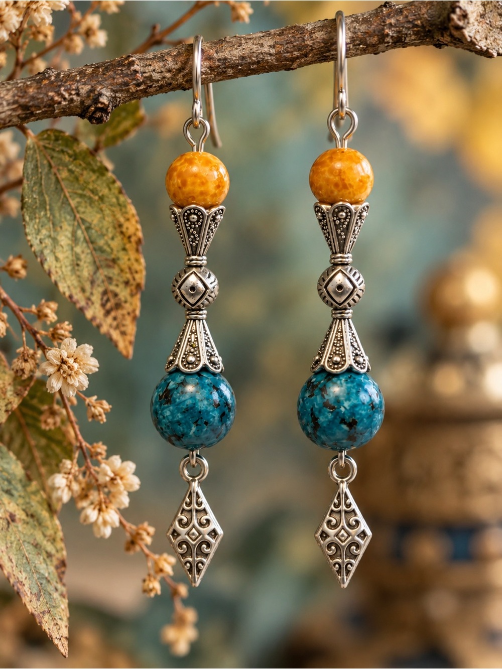 Turquoise Blue & Orange Speckled Glass Boho Dangle Earrings
